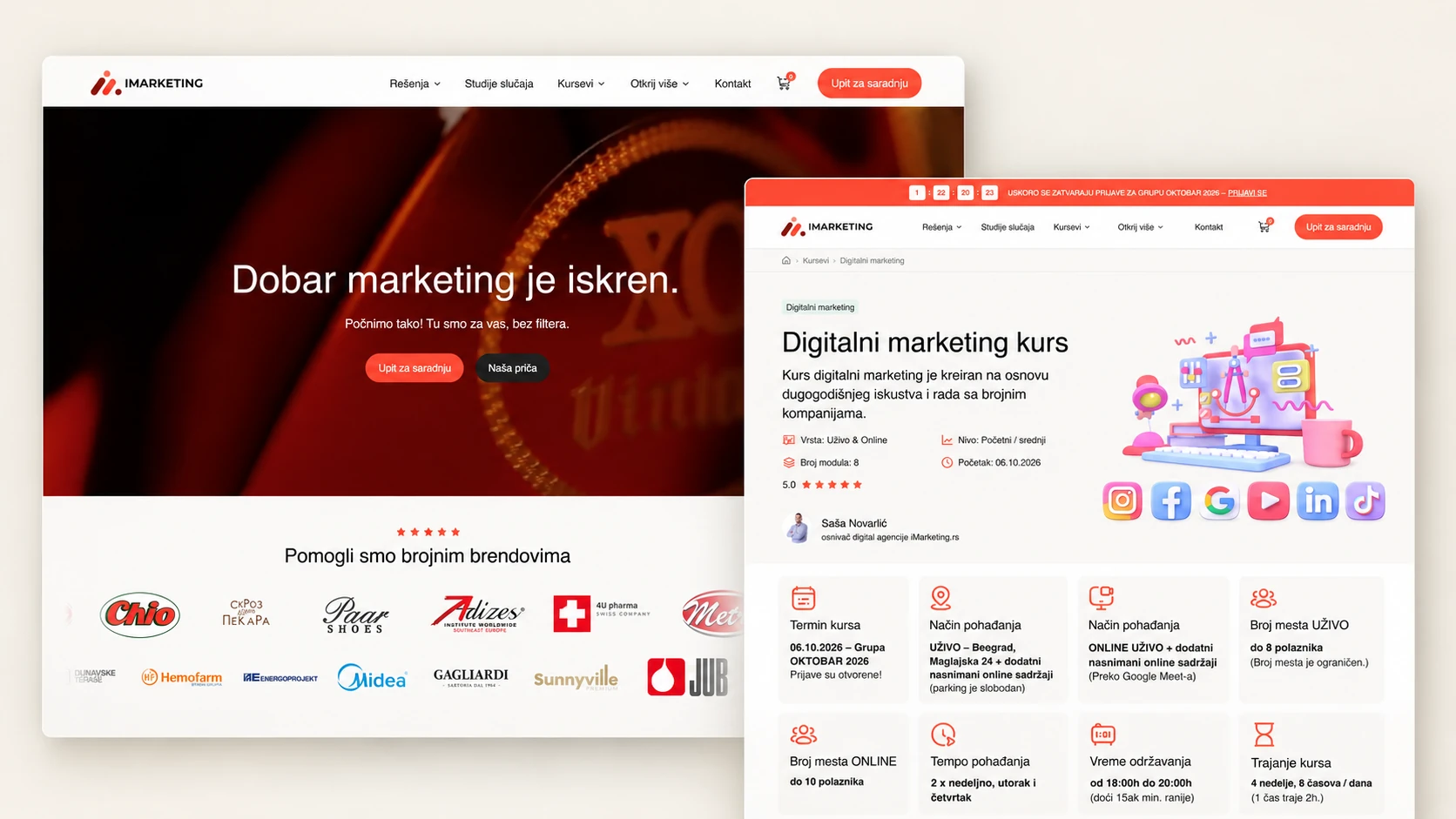 Početna stranica redizajniranog iMarketing sajta i prikaz kursa digitalnog marketinga.