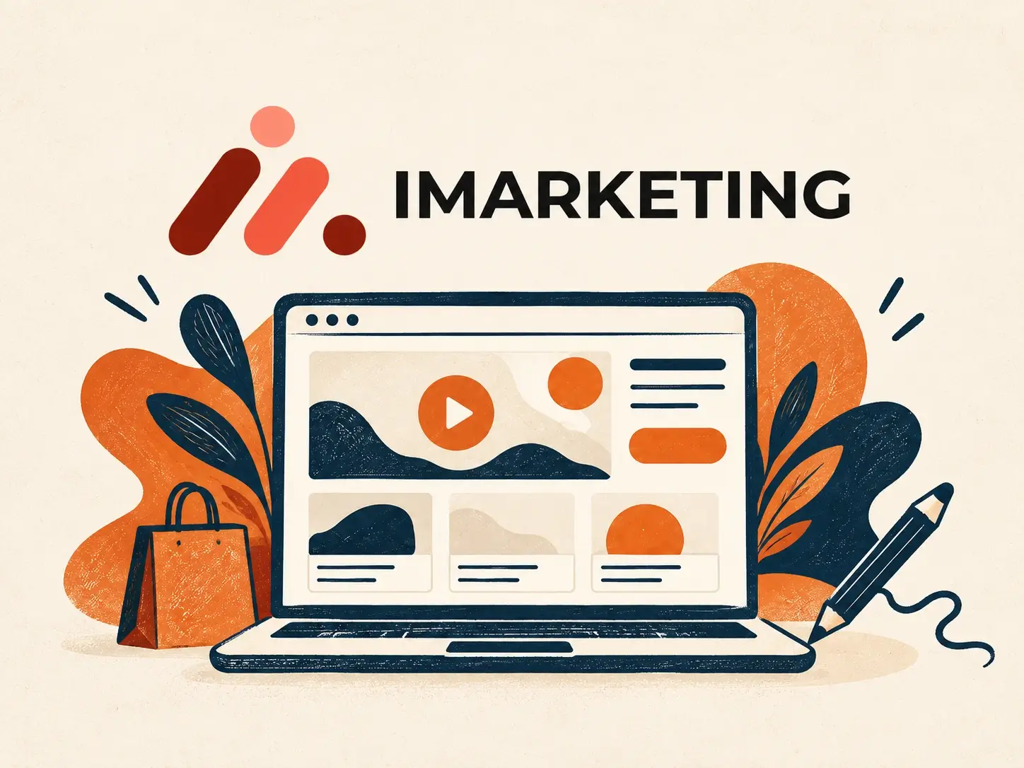 Logo iMarketing uz ilustraciju sajta sa kursevima i online kupovinom.
