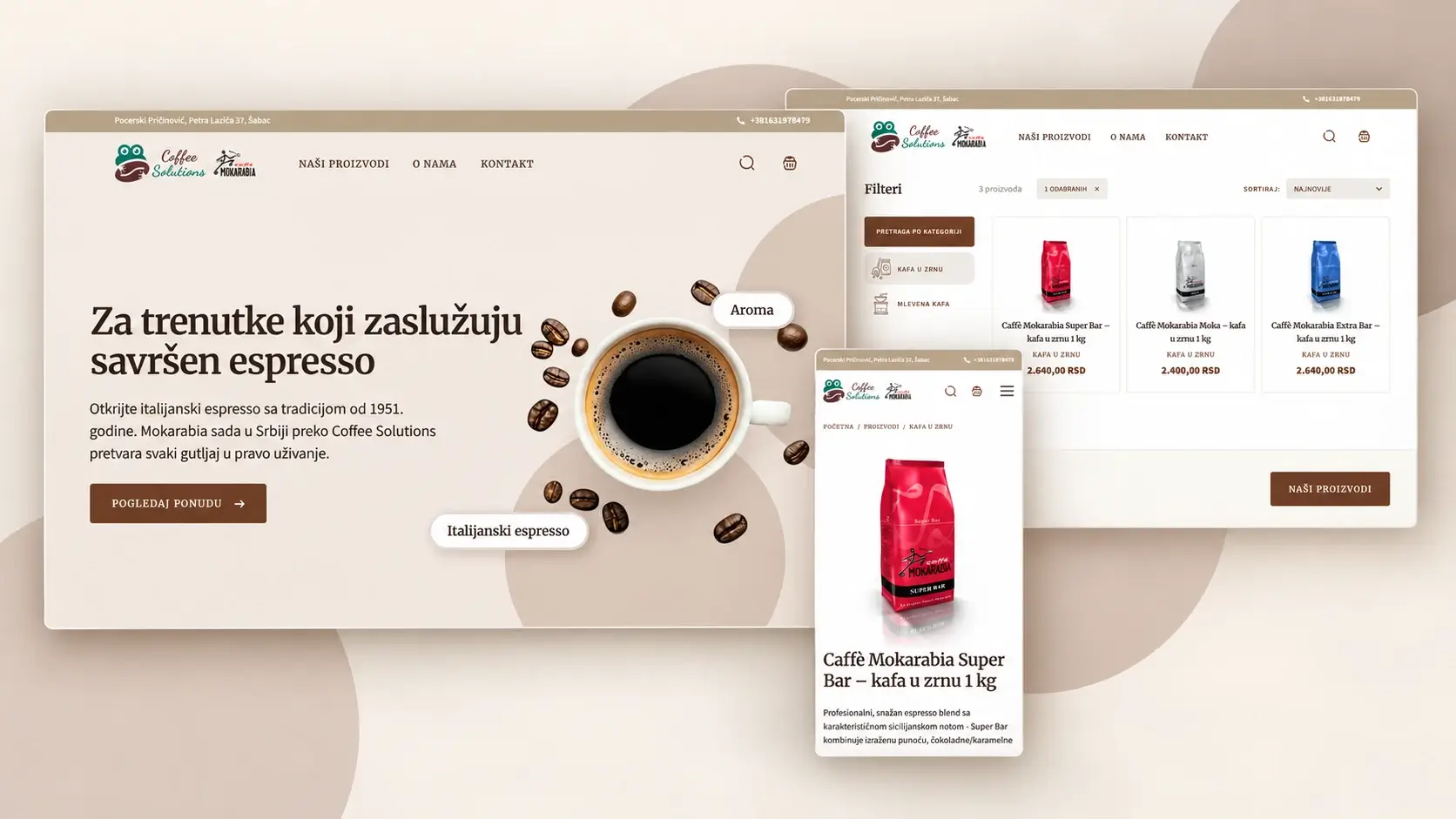 Prikaz Coffee Solutions sajta i internet prodavnice.
