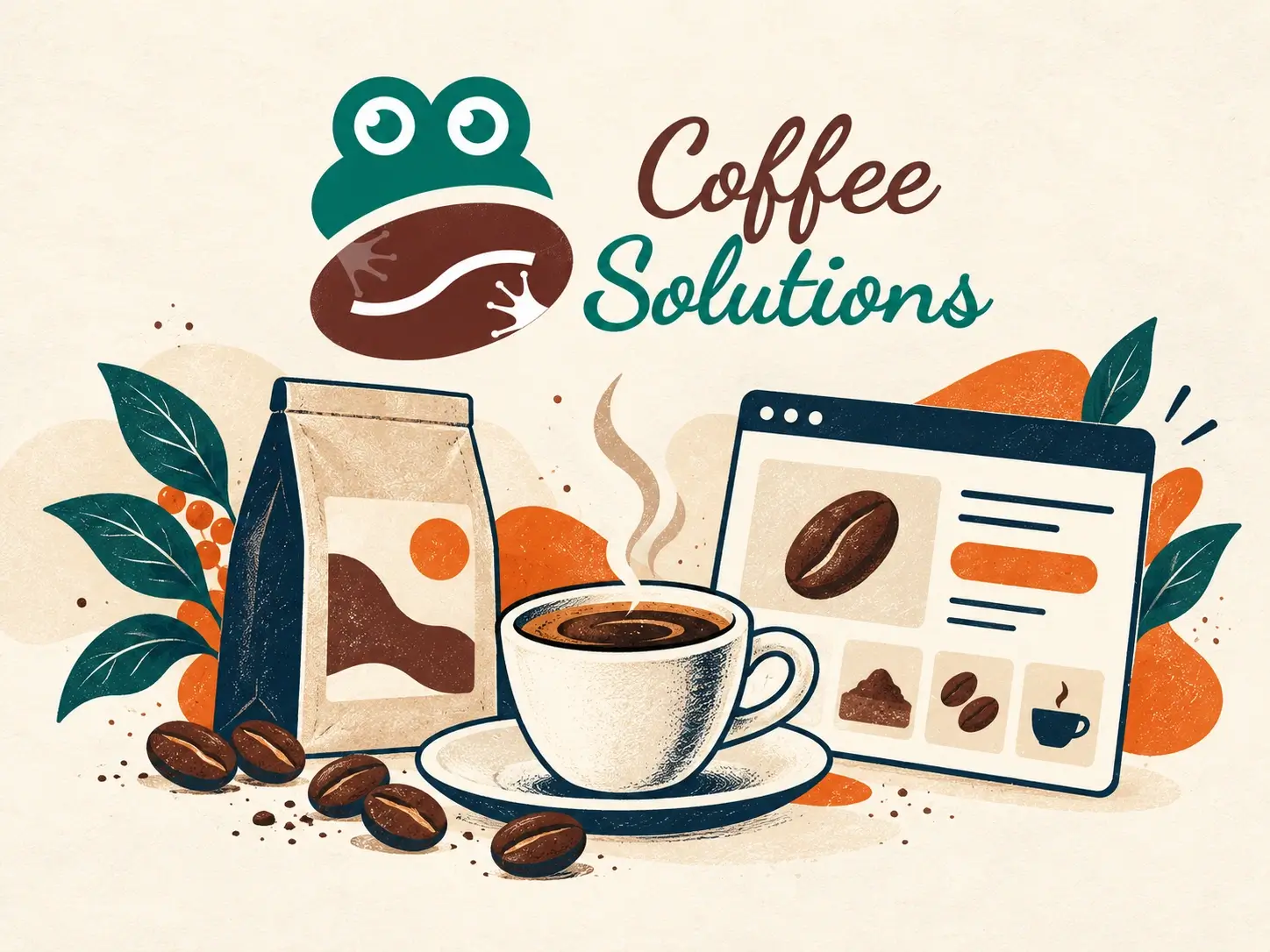 Logo Coffee Solutions uz ilustraciju šoljice kafe i internet prodavnice.
