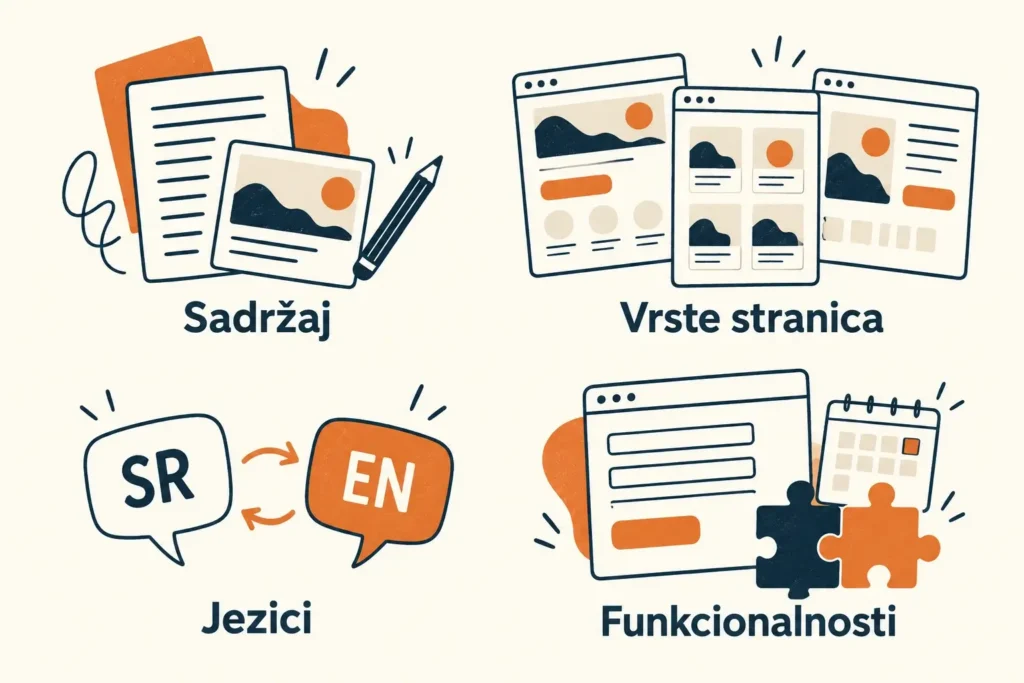 Faktori koji povećavaju obim izrade sajta: sadržaj, različite vrste stranica, jezici i funkcionalnosti.
