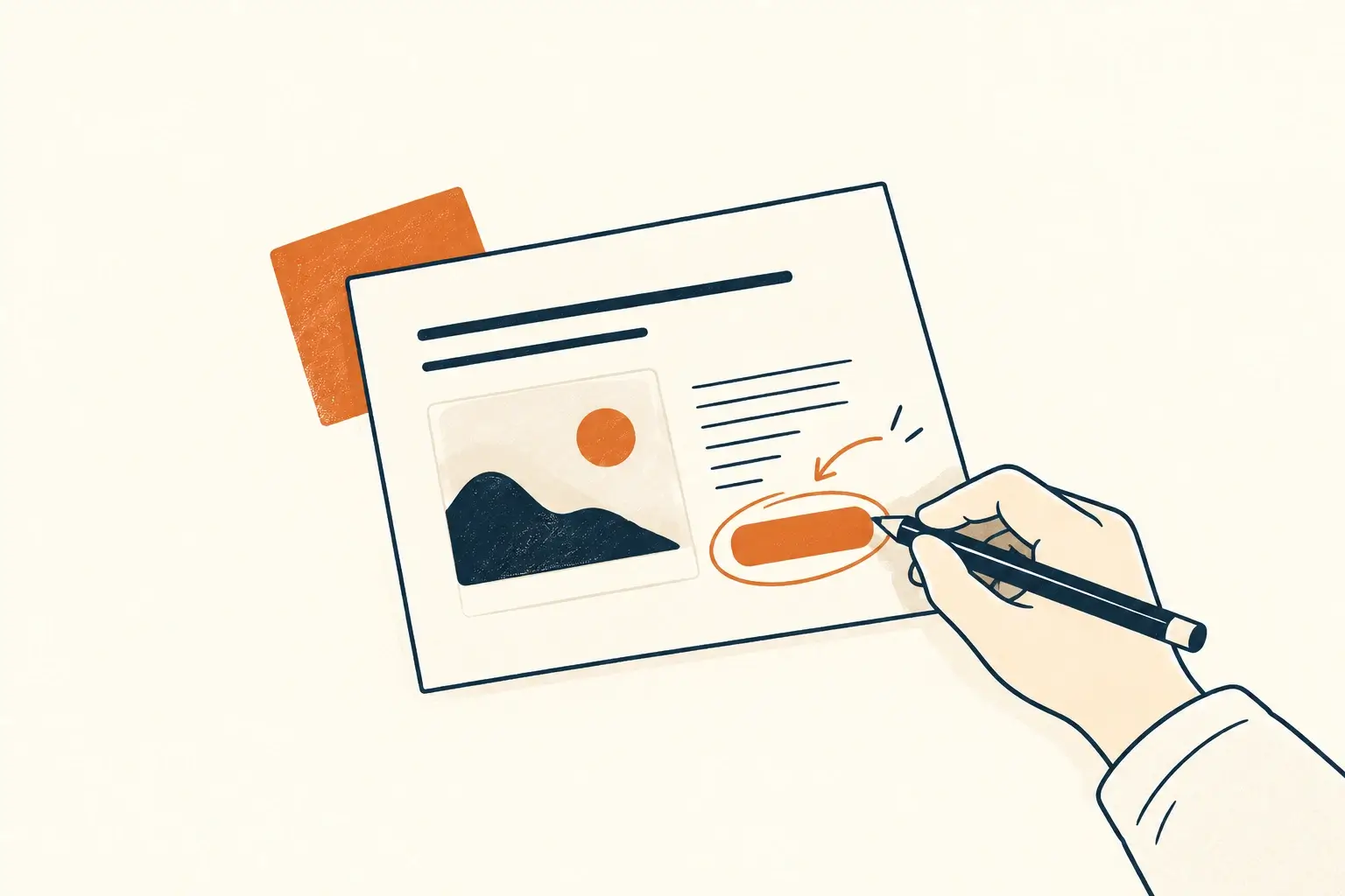 Ilustracija označavanja poziva na akciju na skici web stranice.